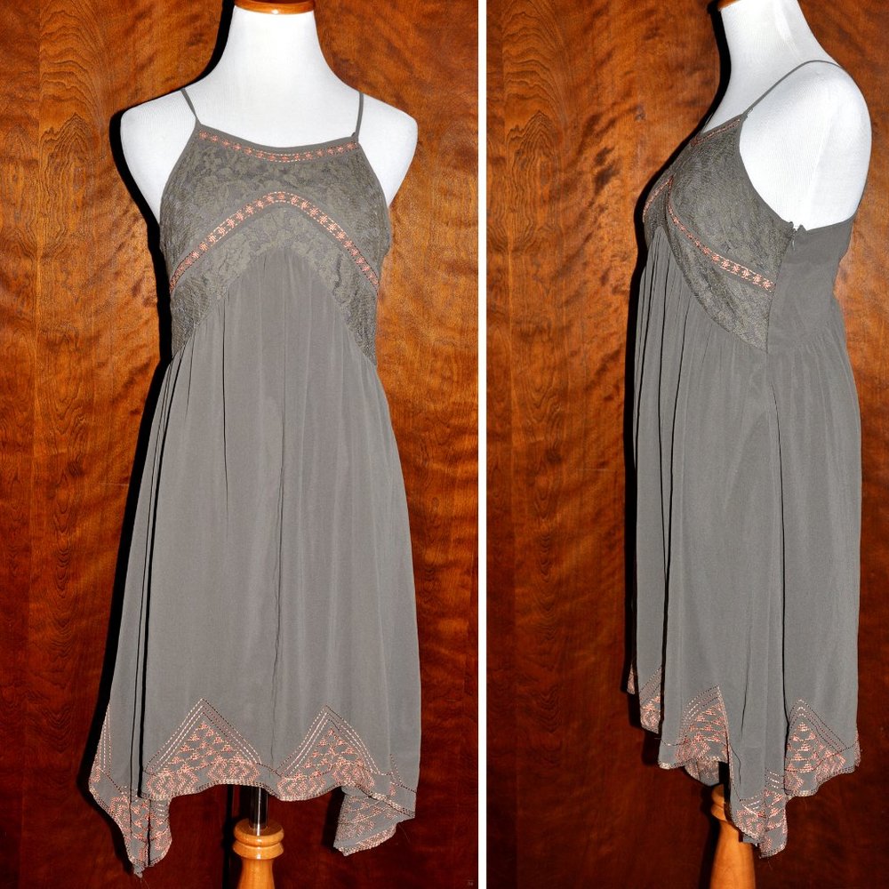 Love21 Pale Cinereous Color Spaghetti Strap Sun Dress With Peach Embroidery